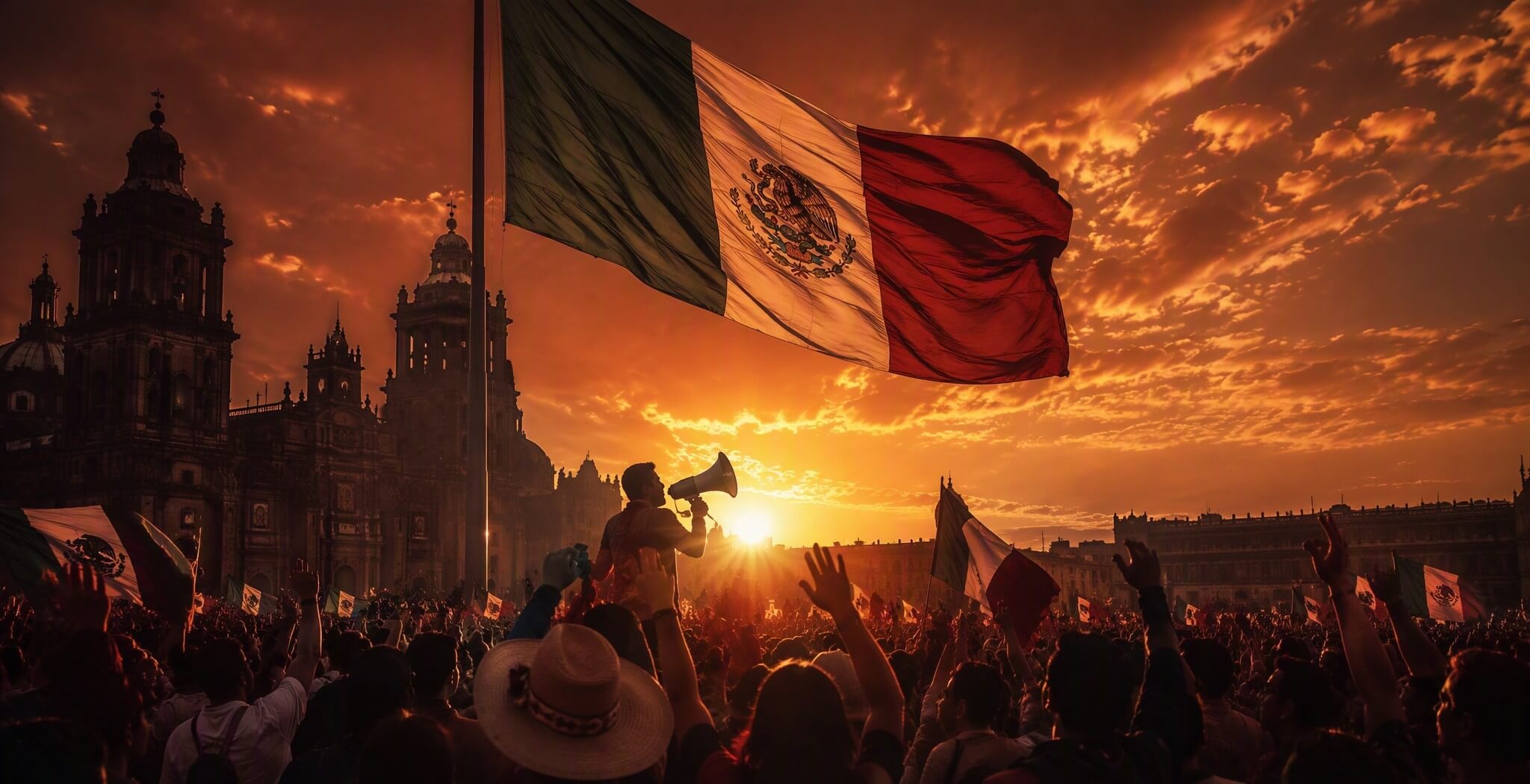 Multitud en el Zócalo de la Ciudad de México al amanecer, con la bandera monumental ondeando y una persona con megáfono